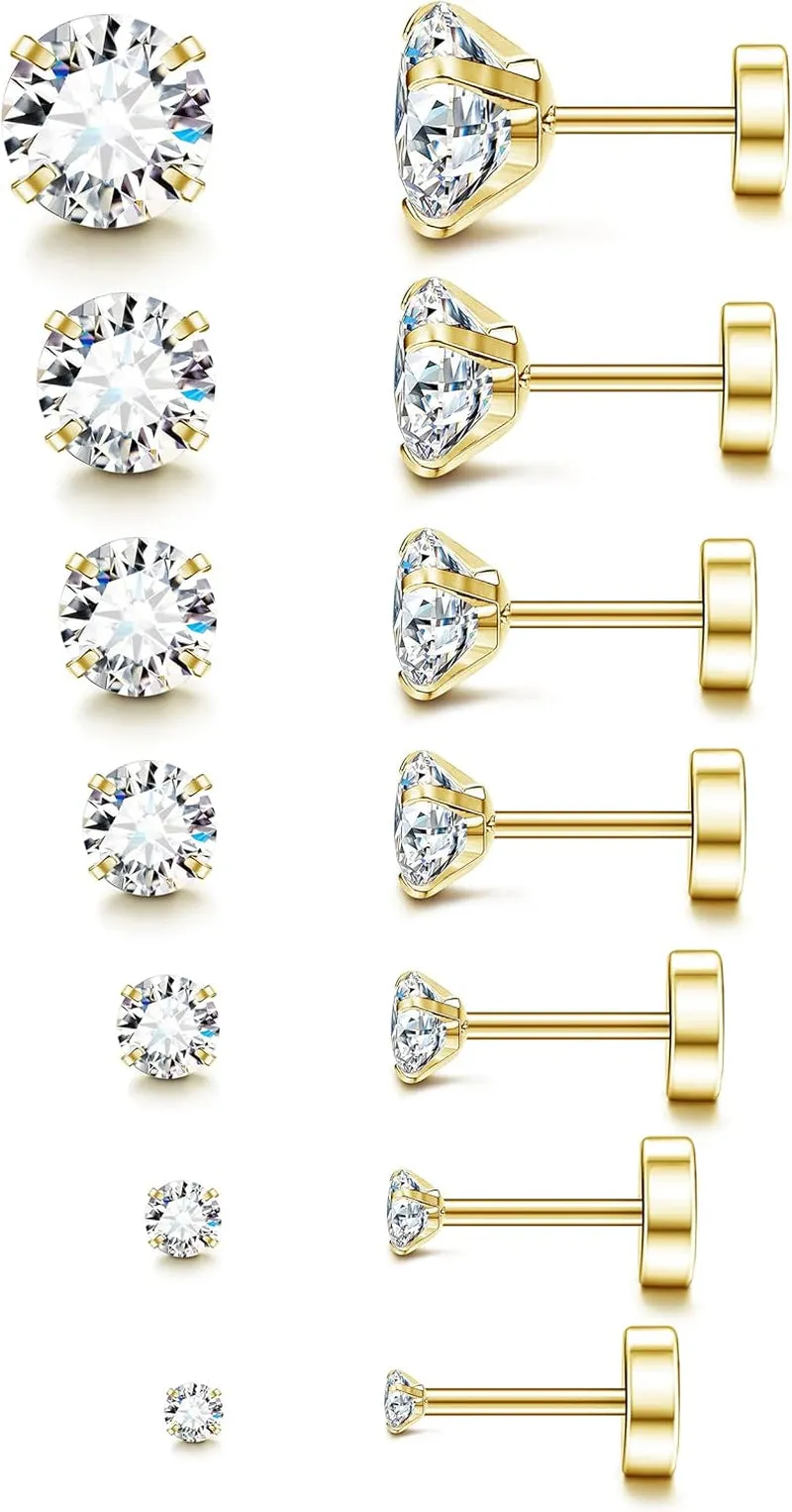 Multi-Pair Set of Stainless Steel Hypoallergenic Flat Back Stud Earrings