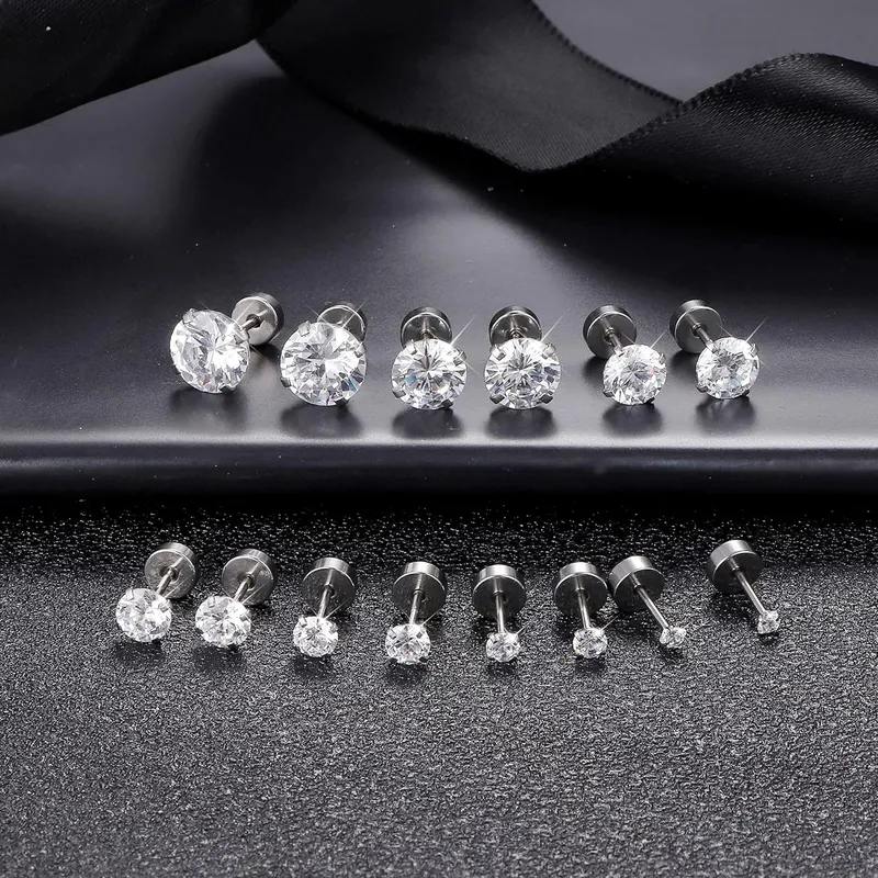 Multi-Pair Set of Stainless Steel Hypoallergenic Flat Back Stud Earrings