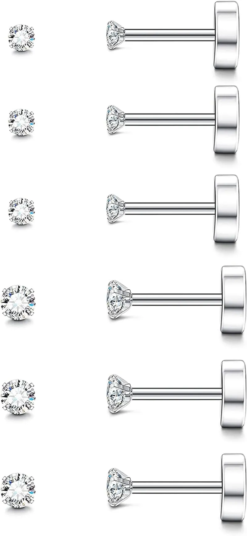 Multi-Pair Set of Stainless Steel Hypoallergenic Flat Back Stud Earrings