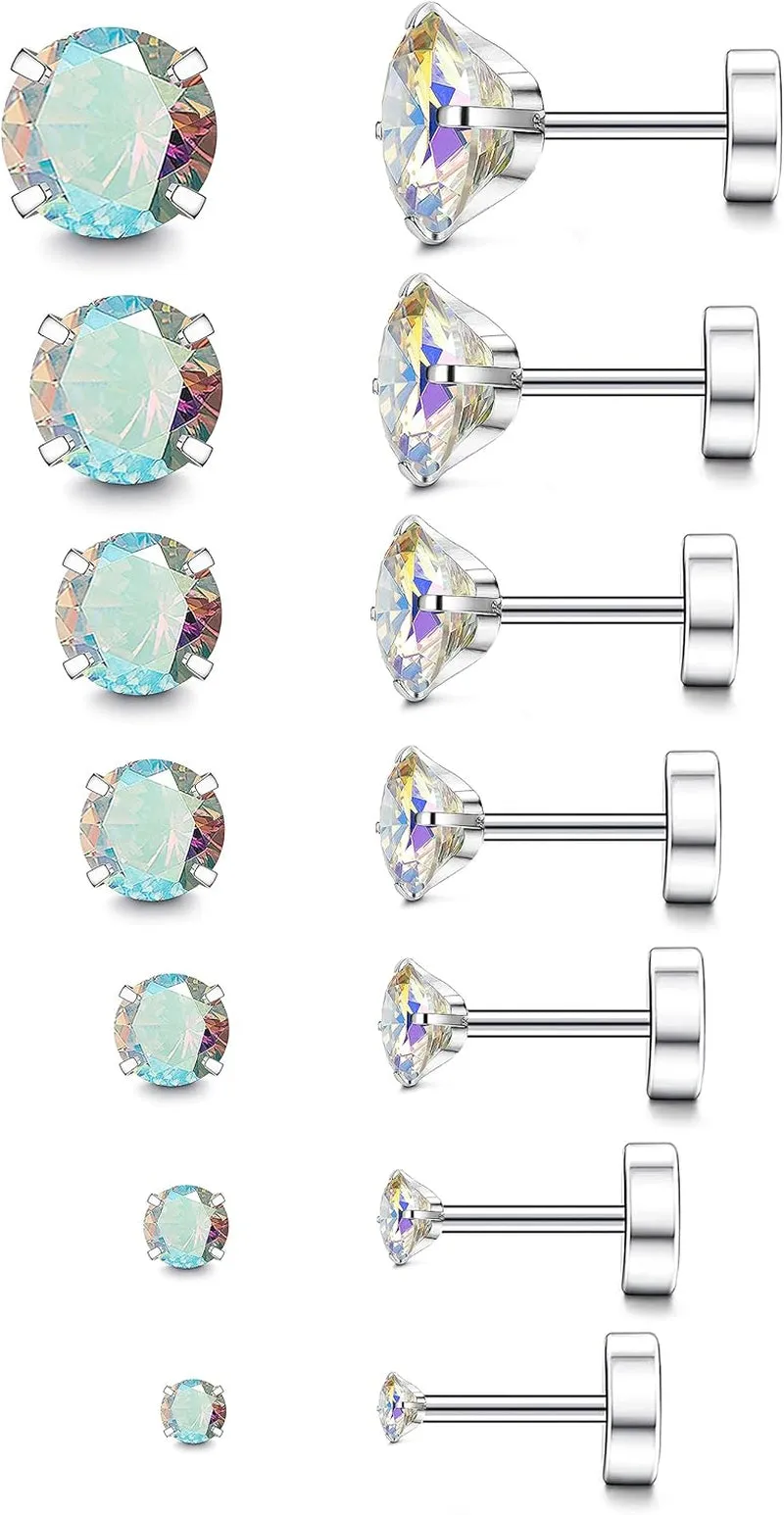 Multi-Pair Set of Stainless Steel Hypoallergenic Flat Back Stud Earrings
