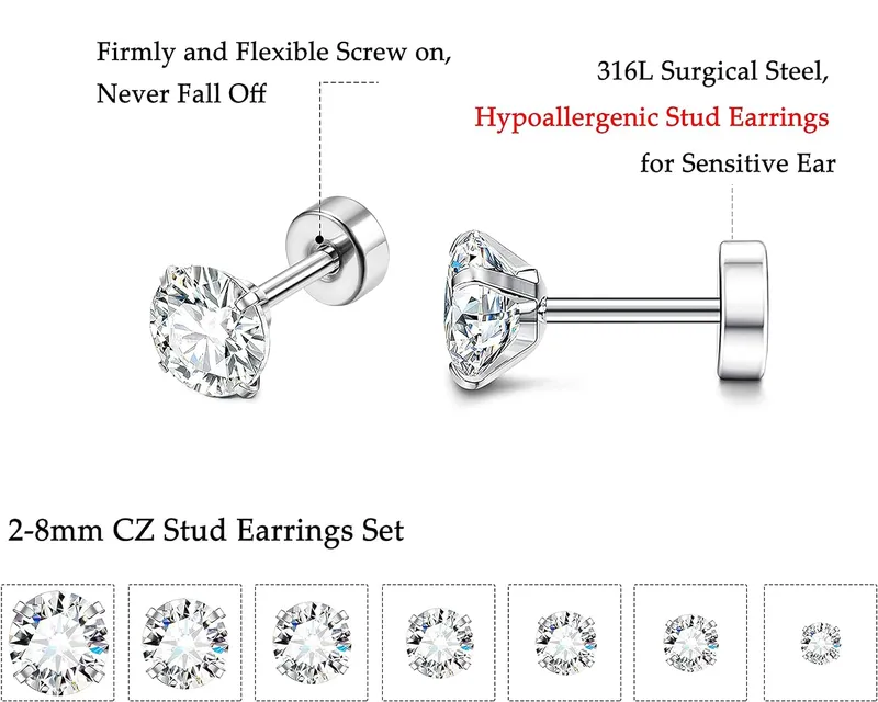 Multi-Pair Set of Stainless Steel Hypoallergenic Flat Back Stud Earrings