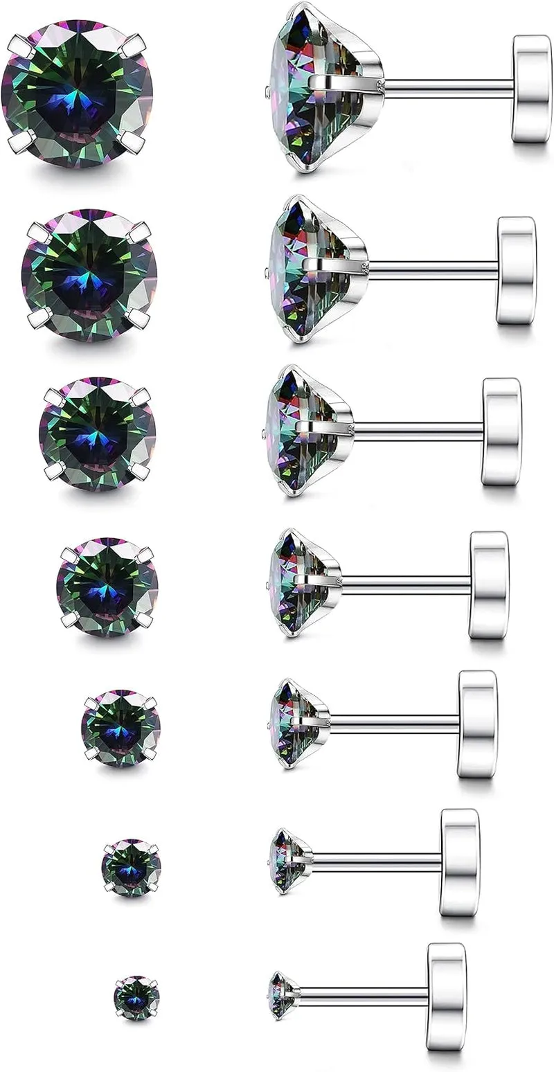 Multi-Pair Set of Stainless Steel Hypoallergenic Flat Back Stud Earrings