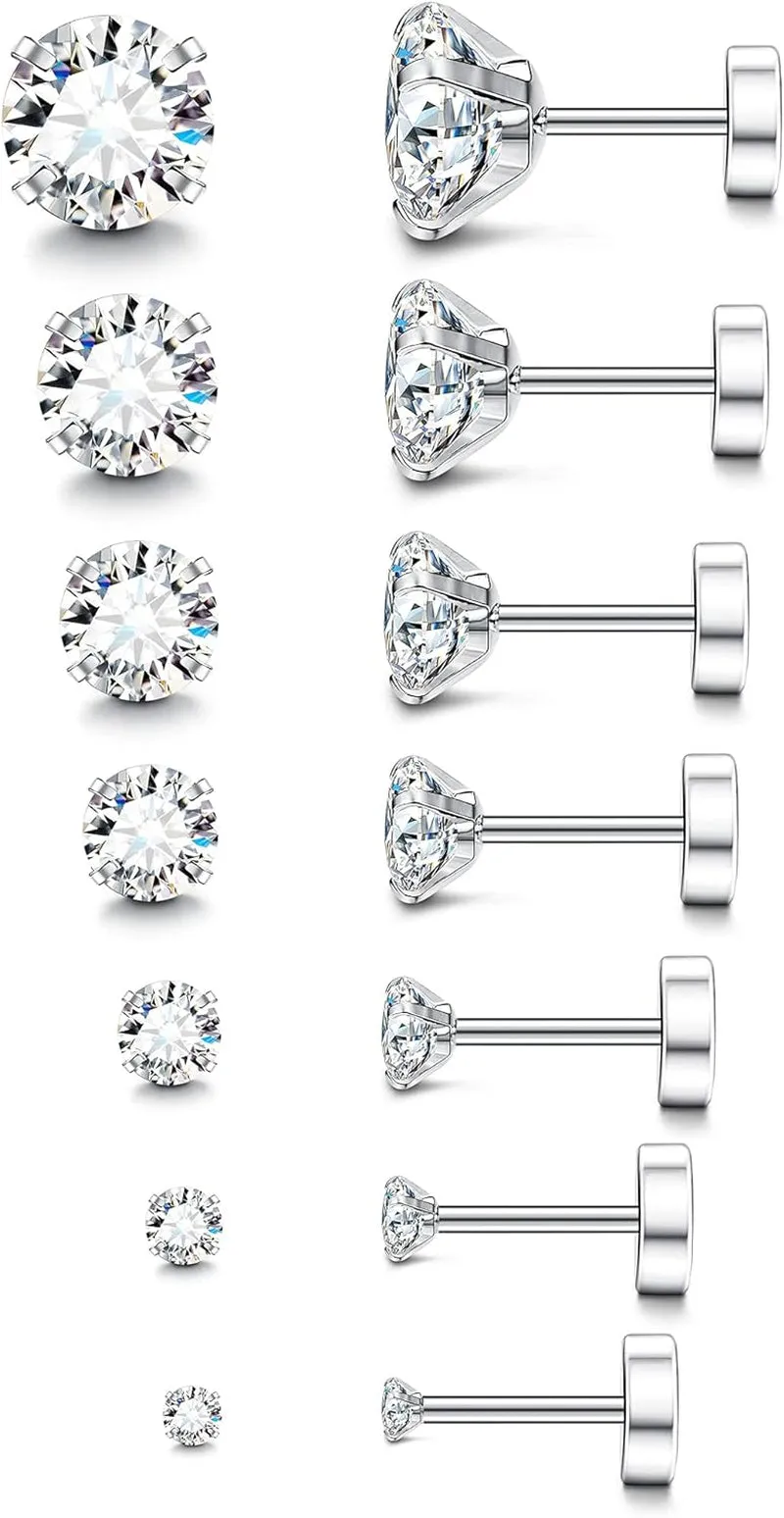 Multi-Pair Set of Stainless Steel Hypoallergenic Flat Back Stud Earrings