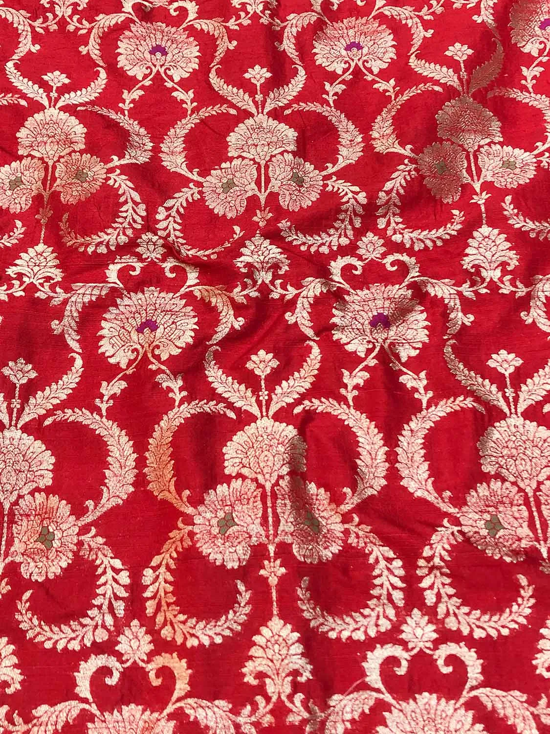 Red Banarasi Pure Raw Silk Meenakari Fabric ( 1 Mtr )